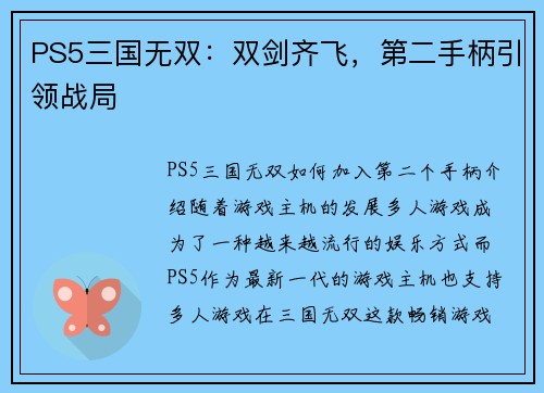 PS5三国无双：双剑齐飞，第二手柄引领战局